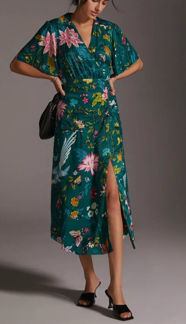 Anthropologie Maeve Green Floral V-Neck Shirt Midi Dress Size 10